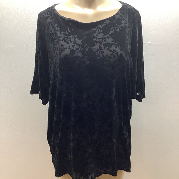 JM Collection Size XL Black Velvet Burnout Split Sleeve W/Stones Floral Top. New - Picture 2 of 8